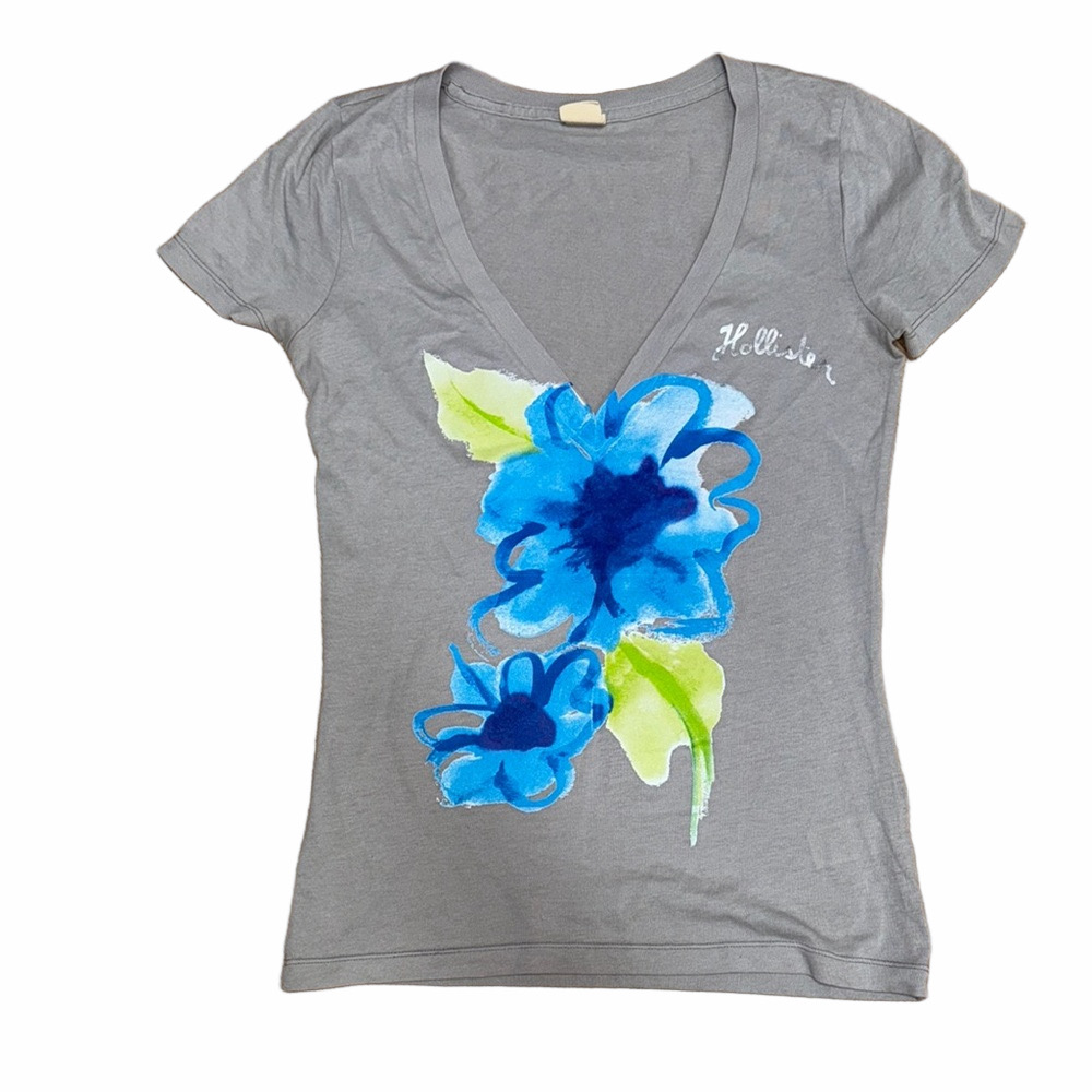 Hollister Gray Blue Floral Fitted V Neck Tee Casual Y2K